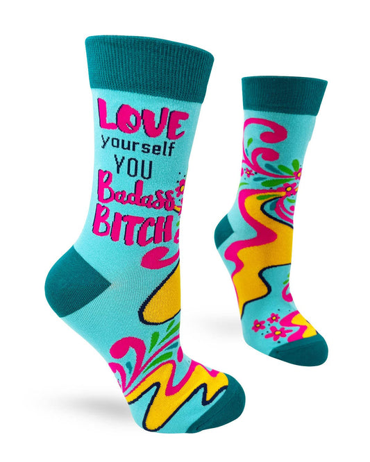 Colorful socks with text and patterns on a white background