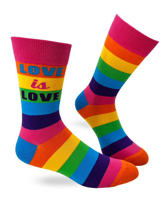 Colorful socks with rainbow stripes and 'LOVE is LOVE' text on a white background