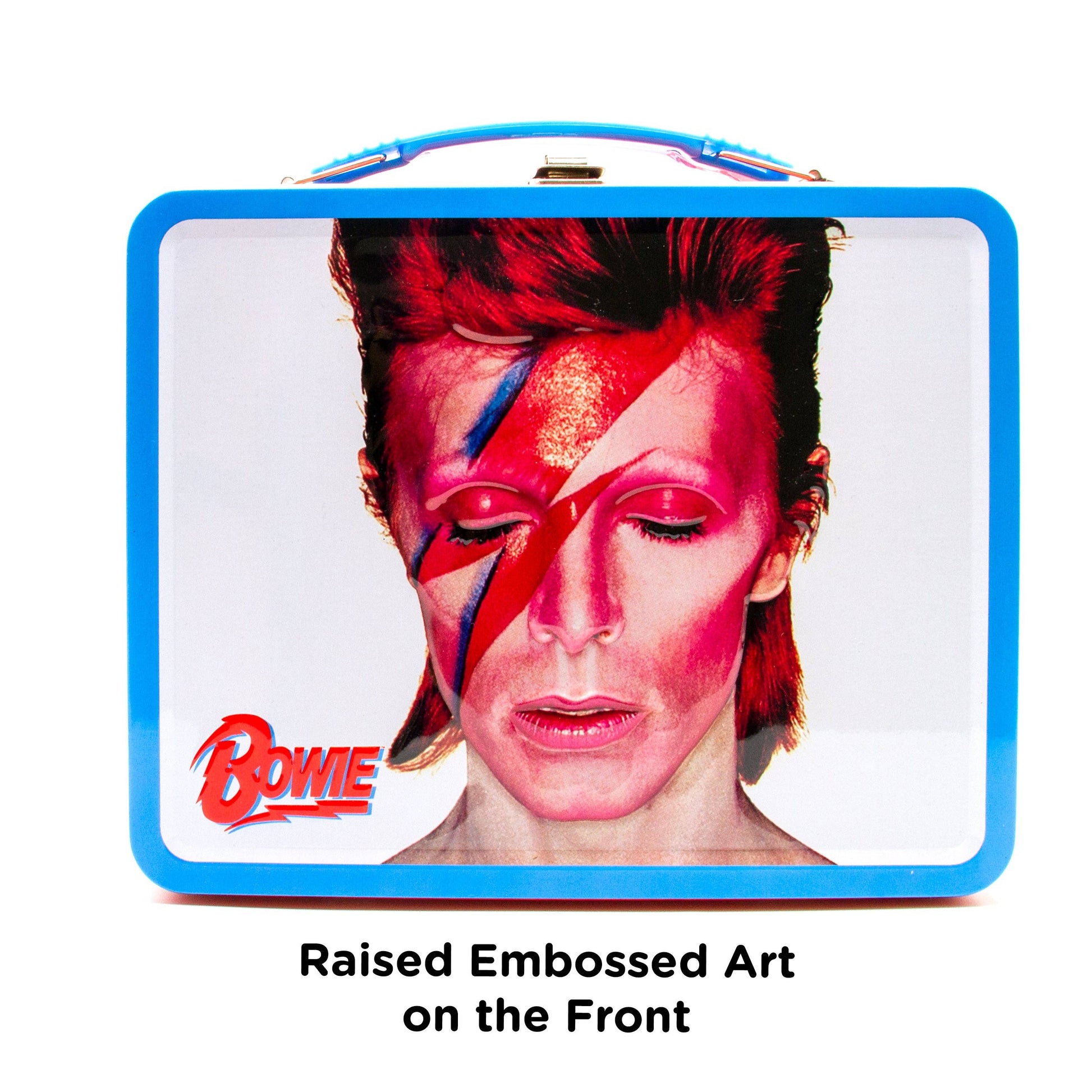 Lunch box with a portrait of a famous person and 'Bowie' text on a white background
