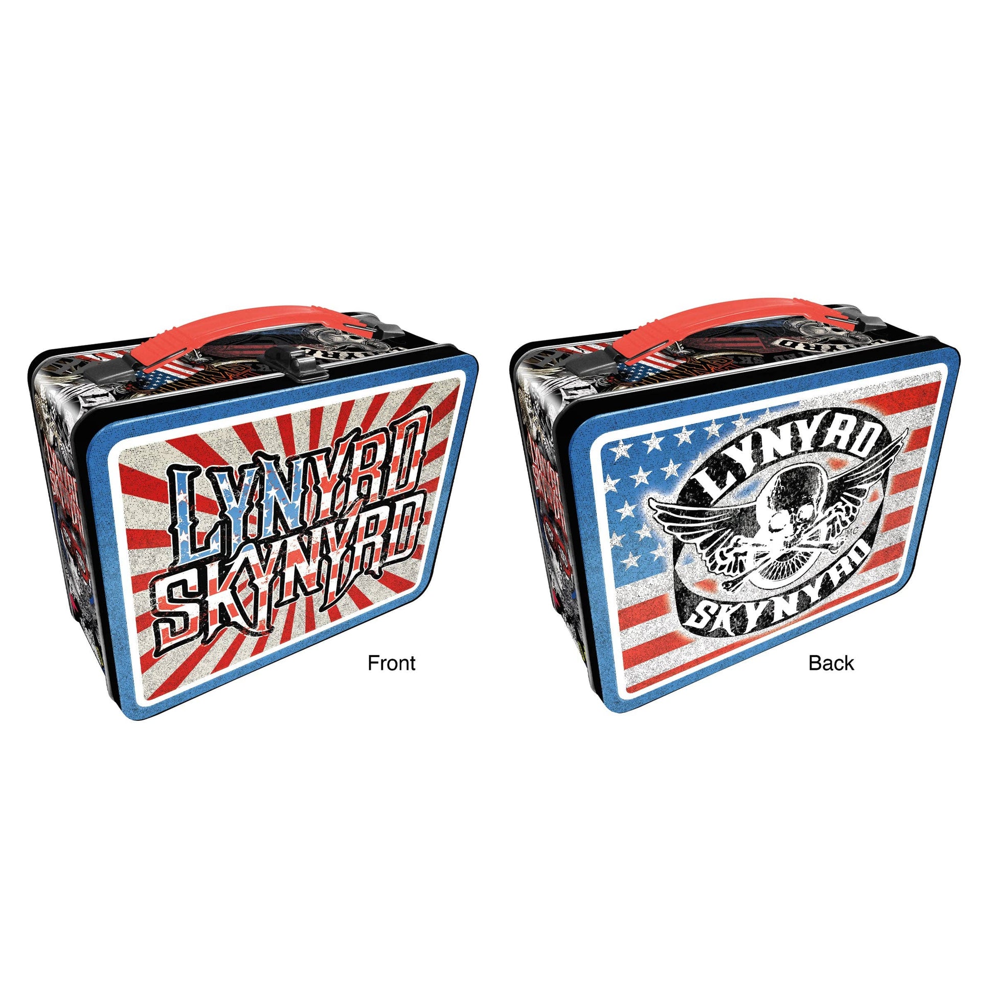 Two views of a Lynyrd Skynyrd-themed metal lunch box with American flag design.