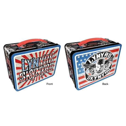 Two views of a Lynyrd Skynyrd-themed metal lunch box with American flag design.