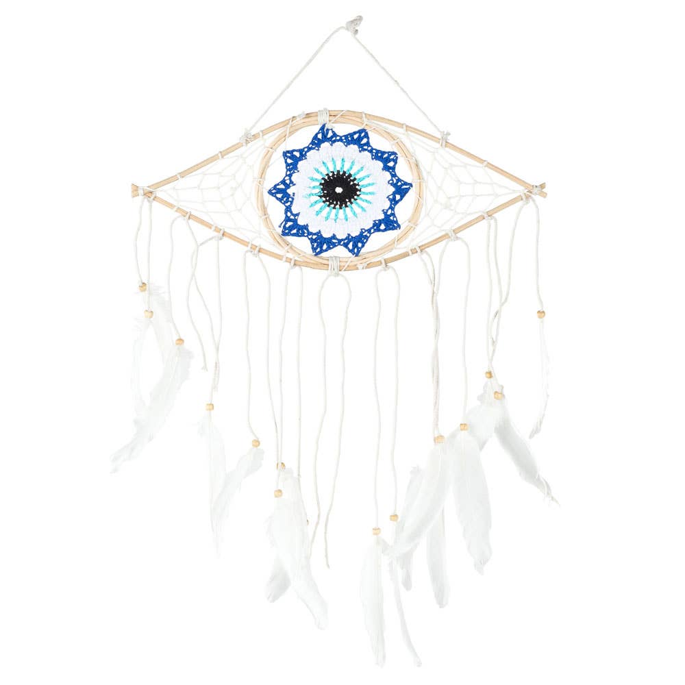 Dreamcatcher with blue and black center design on a white background