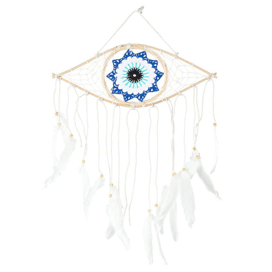 Dreamcatcher with blue and black center design on a white background