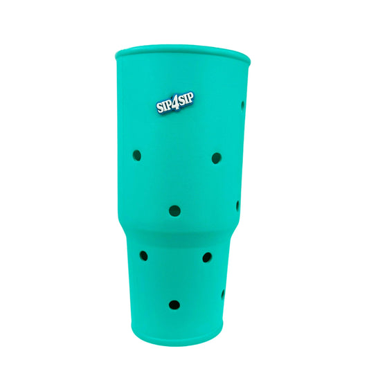 Turquoise cup with black dots and 'Sip4Sip' logo on a white background
