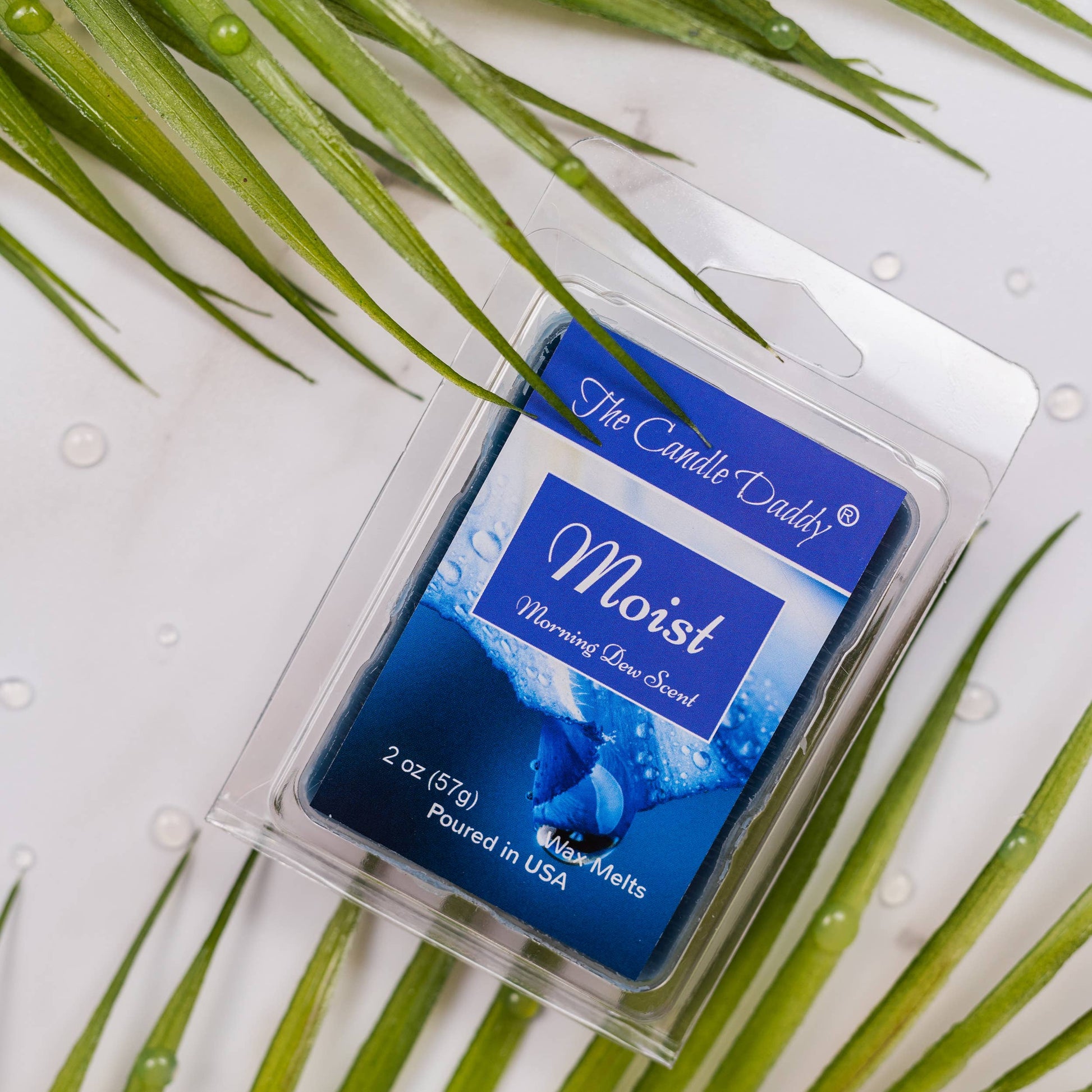 Packaged wax melt with 'The Candle Daddy' branding on a white background with green leaves.