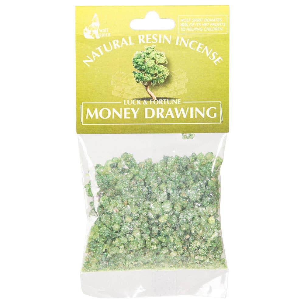 Packaged natural resin incense with a yellow label on a white background
