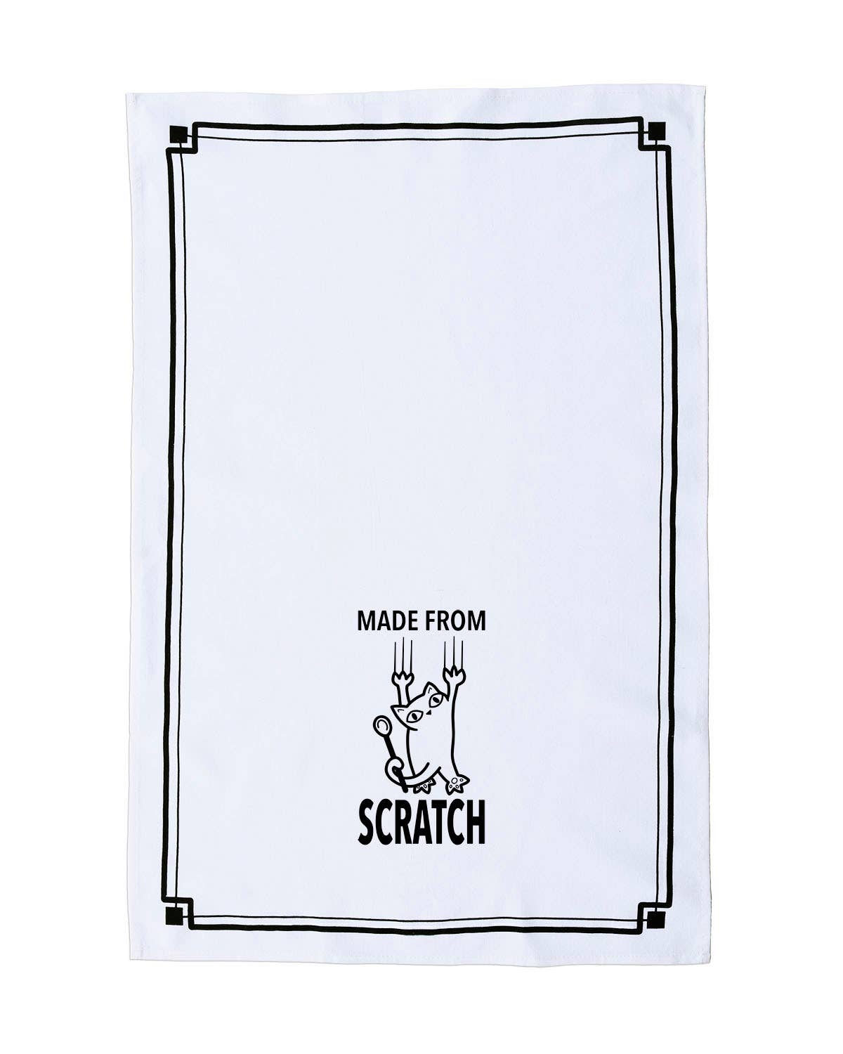White towel with black text and graphic design on a white background