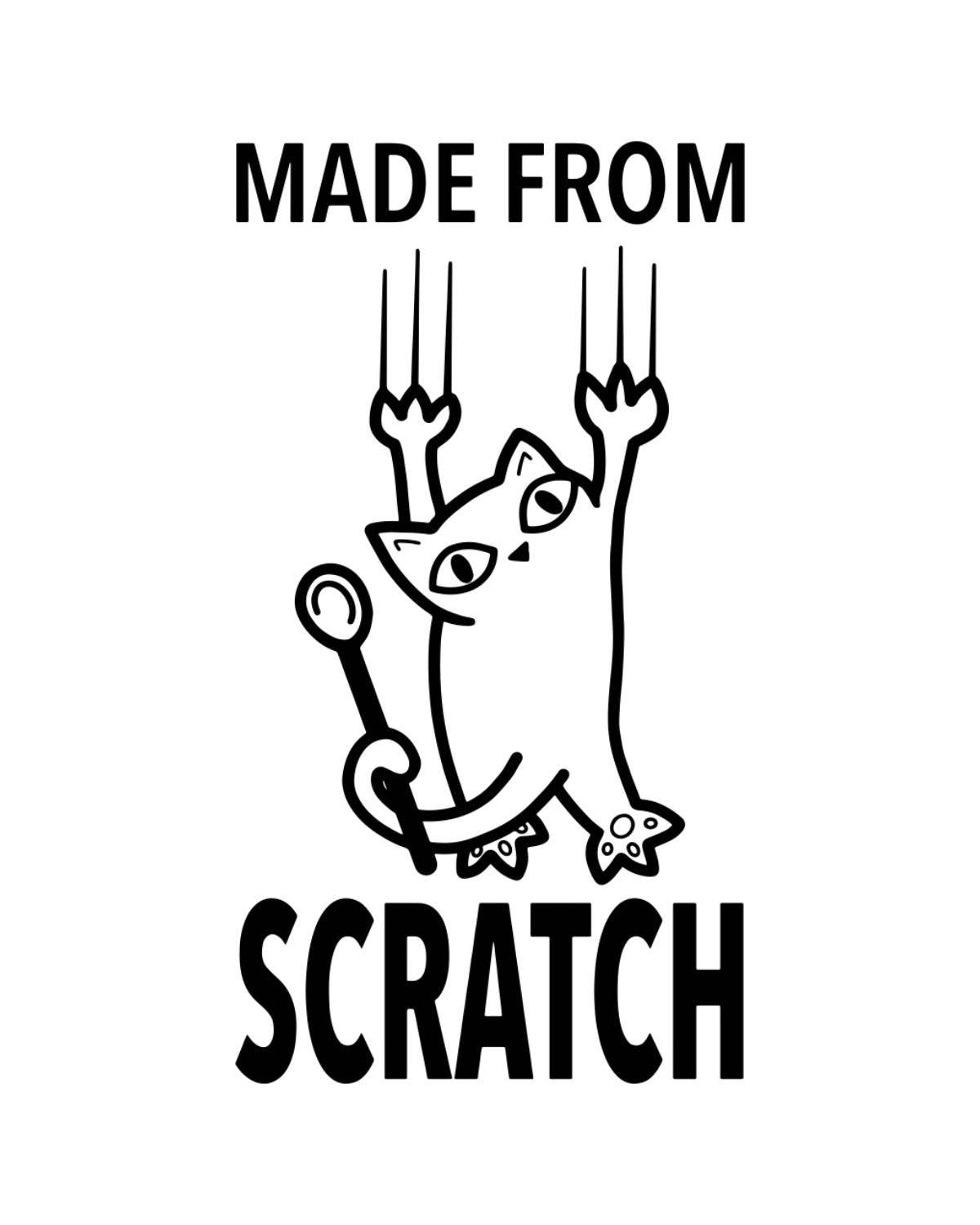 Black and white illustration of a cat climbing with text 'MADE FROM SCRATCH' on a white background