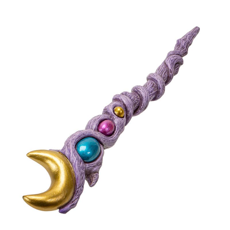 Decorative wand with purple handle, gold crescent moon, and colorful beads on a white background
