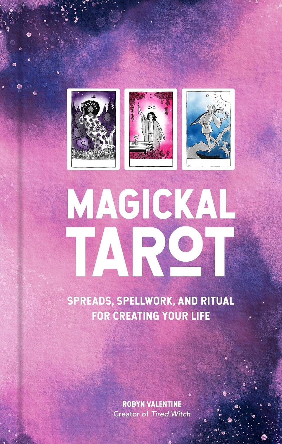 Book titled 'Magickal Tarot' with tarot card illustrations on a purple and pink watercolor background.