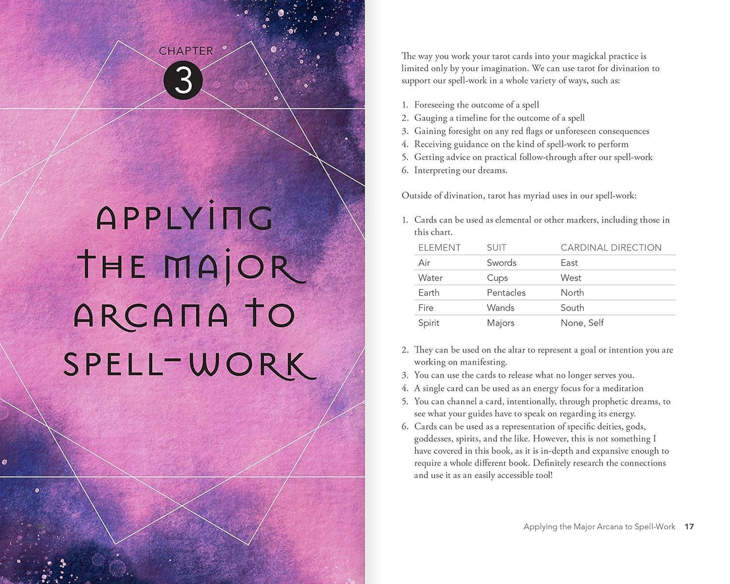 Page from a book titled 'Applying the Major Arcana to Spell-Work' with a purple and pink gradient background.