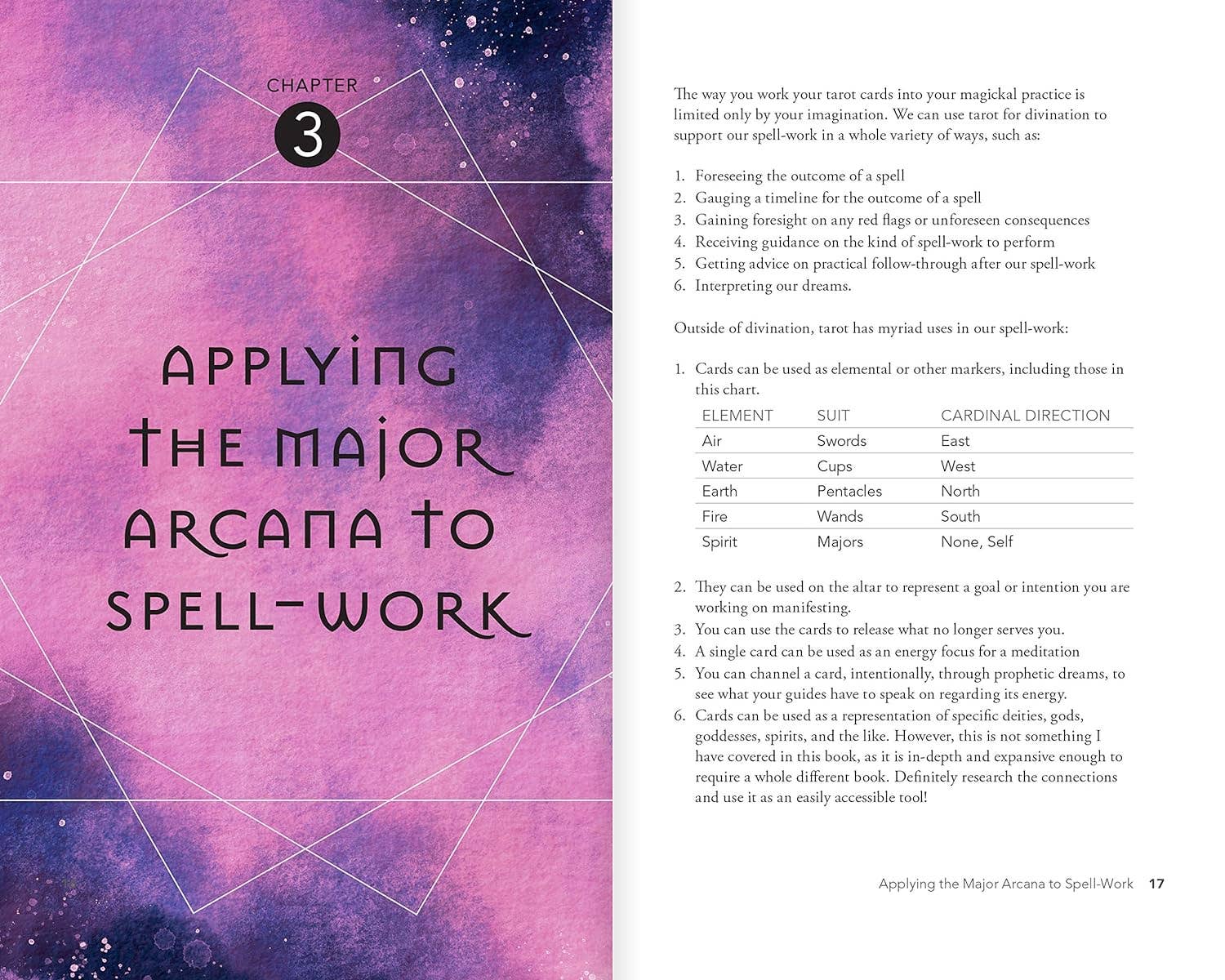Page from a book titled 'Applying the Major Arcana to Spell-Work' with a purple and pink gradient background.