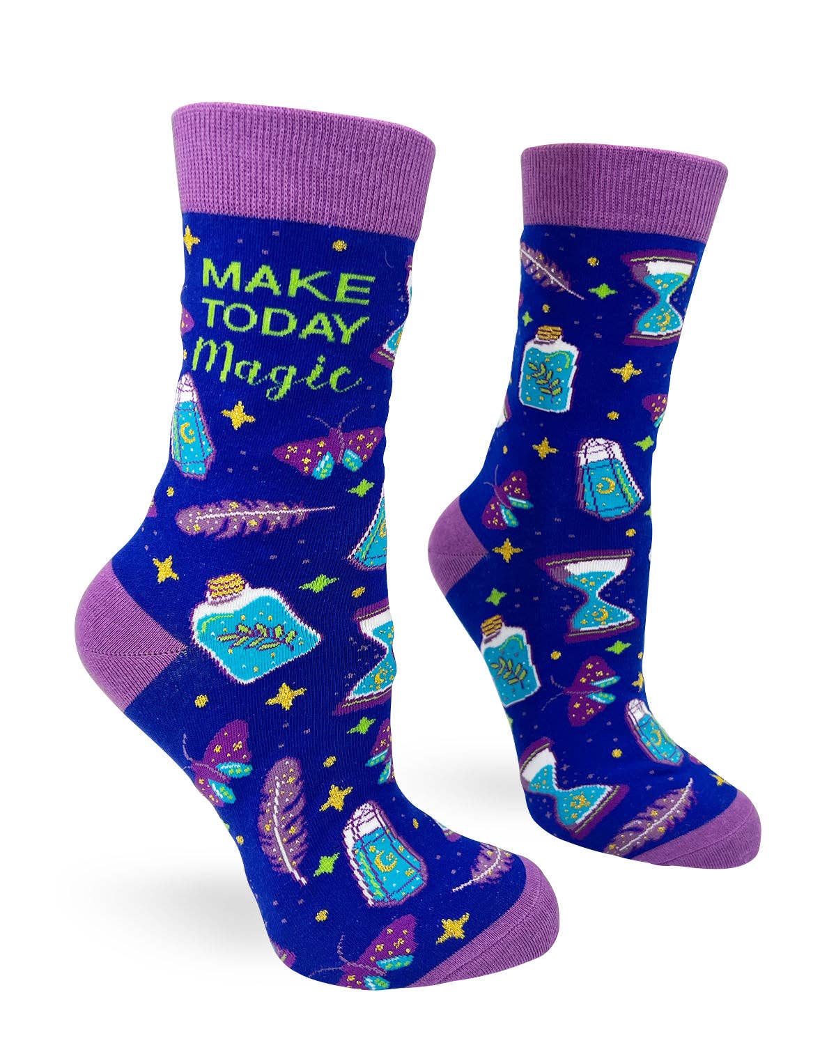 Colorful socks with potion bottles, feathers, and 'Make Today Magic' text on a white background