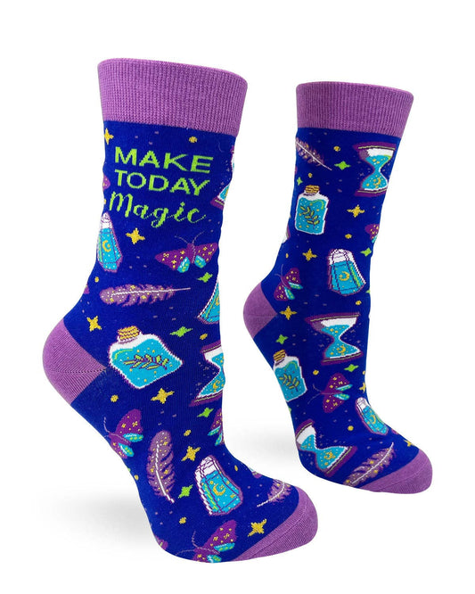 Colorful socks with potion bottles, feathers, and 'Make Today Magic' text on a white background