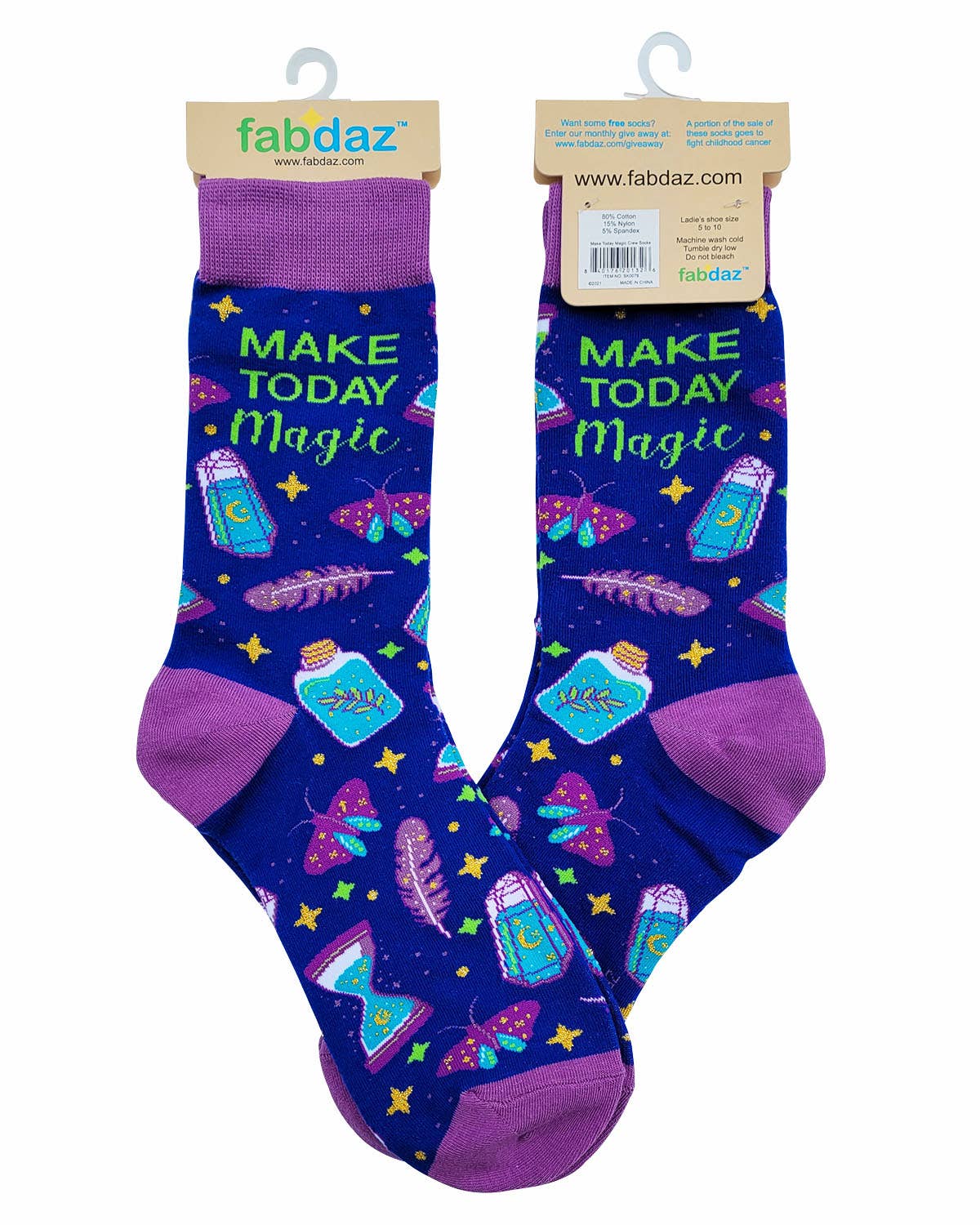 Pair of socks with 'Make Today Magic' text and fairy-themed design, on a white background.