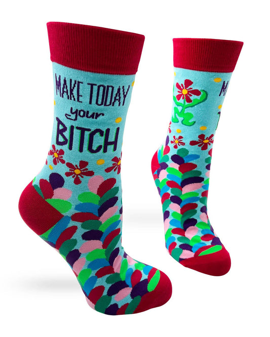 Colorful socks with text and floral designs on a white background