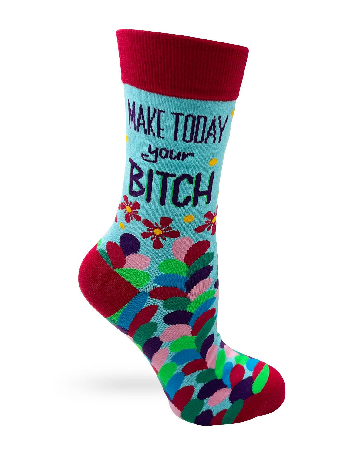 Colorful sock with text and floral design on a white background