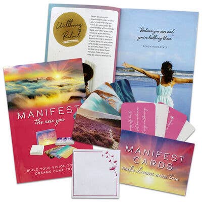 Collection of motivational cards with inspirational messages and images on a white background