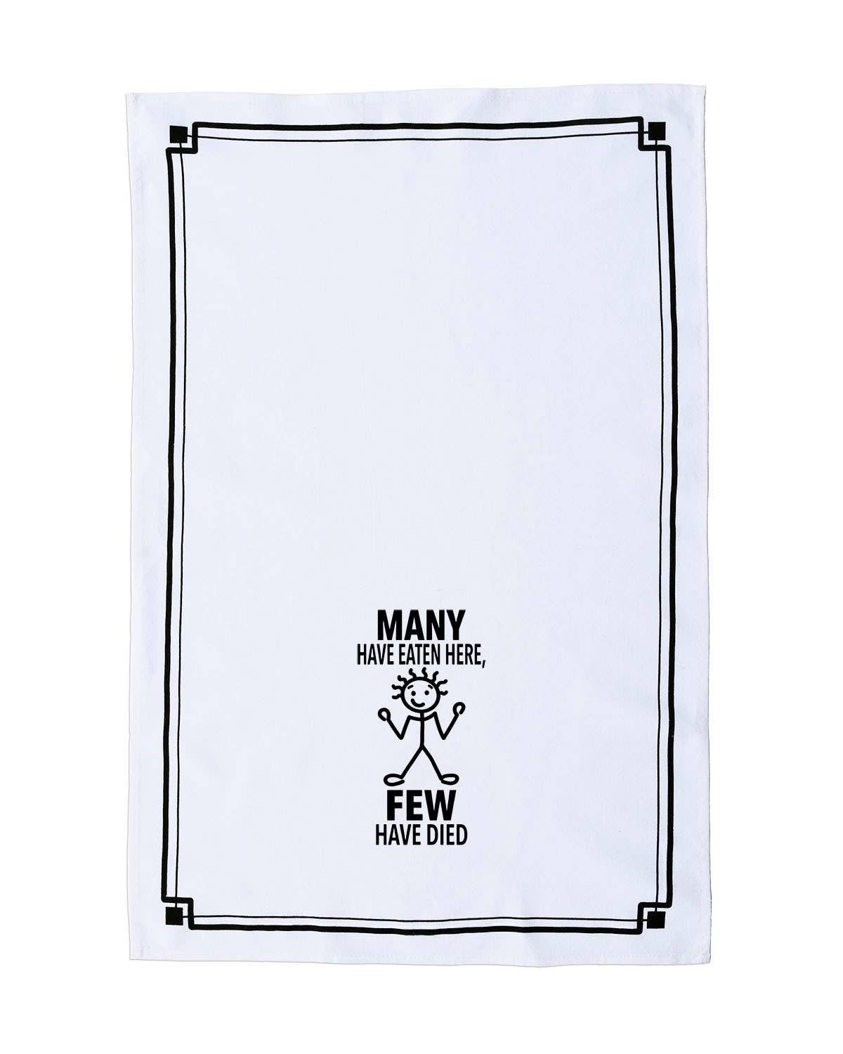 White towel with black text and graphic design on a white background