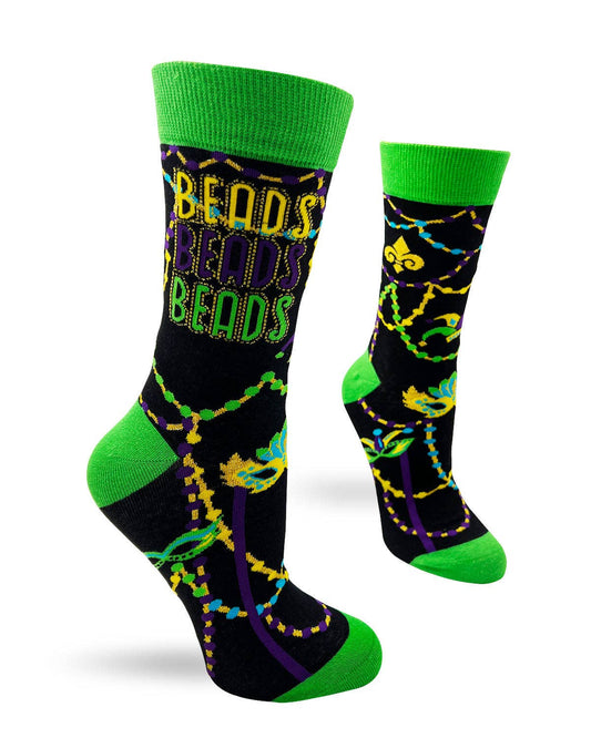 Colorful socks with 'Beads' text and patterns on a white background