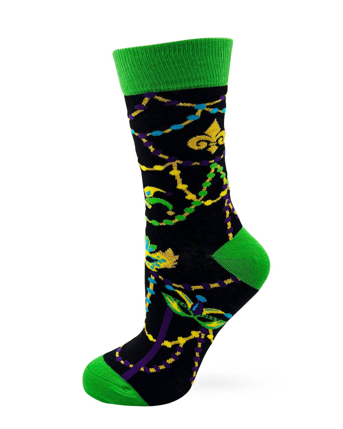 Colorful sock with green, black, and yellow design on a white background