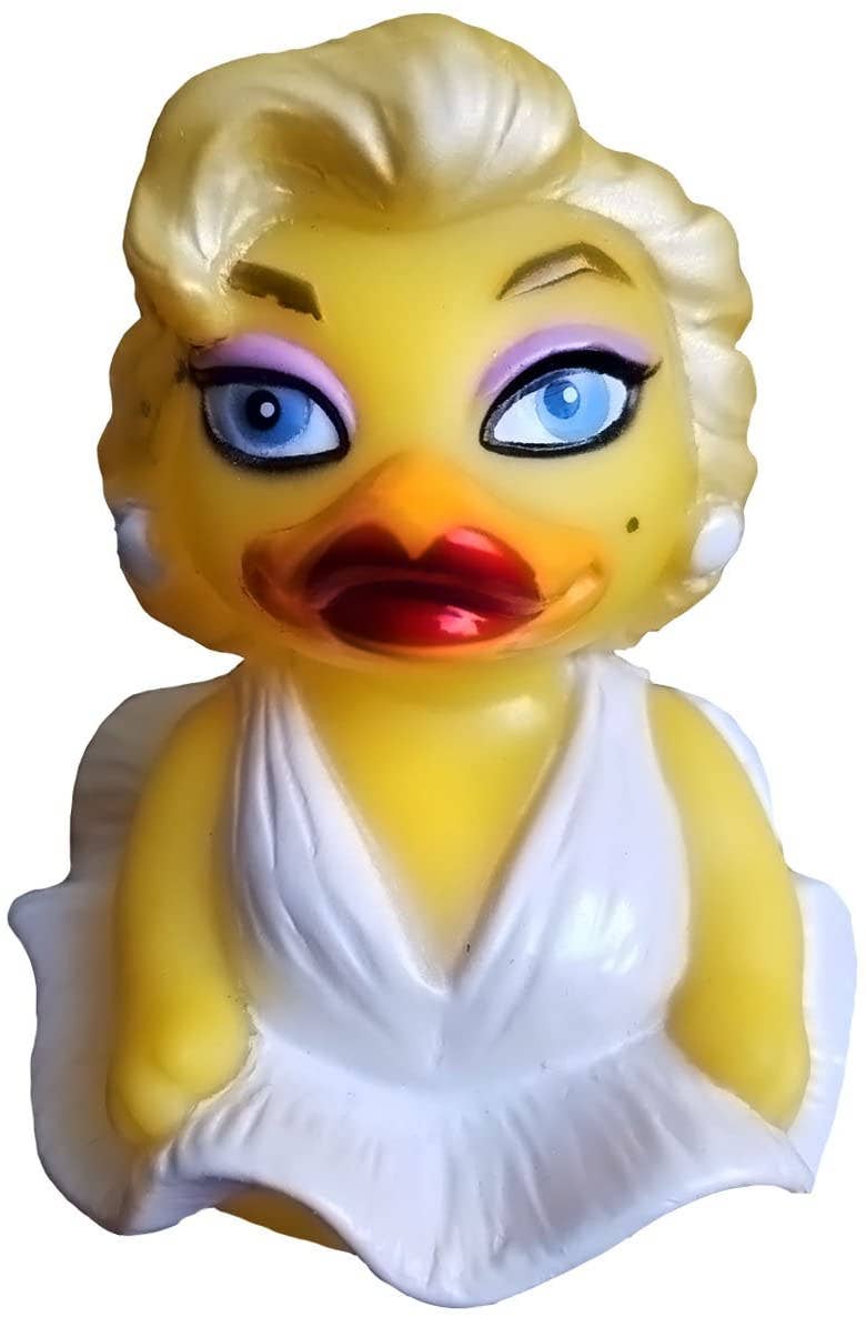 Rubber duck with a stylized face on a white background