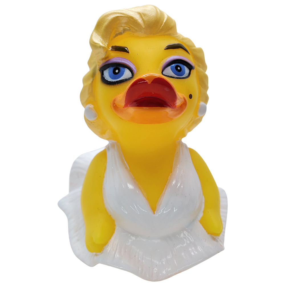 Yellow rubber duck with a face and white outfit on a white background