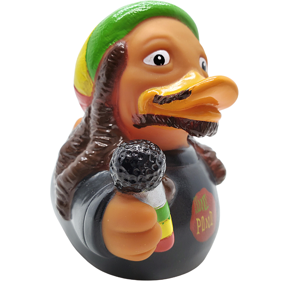 Colorful duck-shaped object with a microphone and 'Rasta' hat on a white background