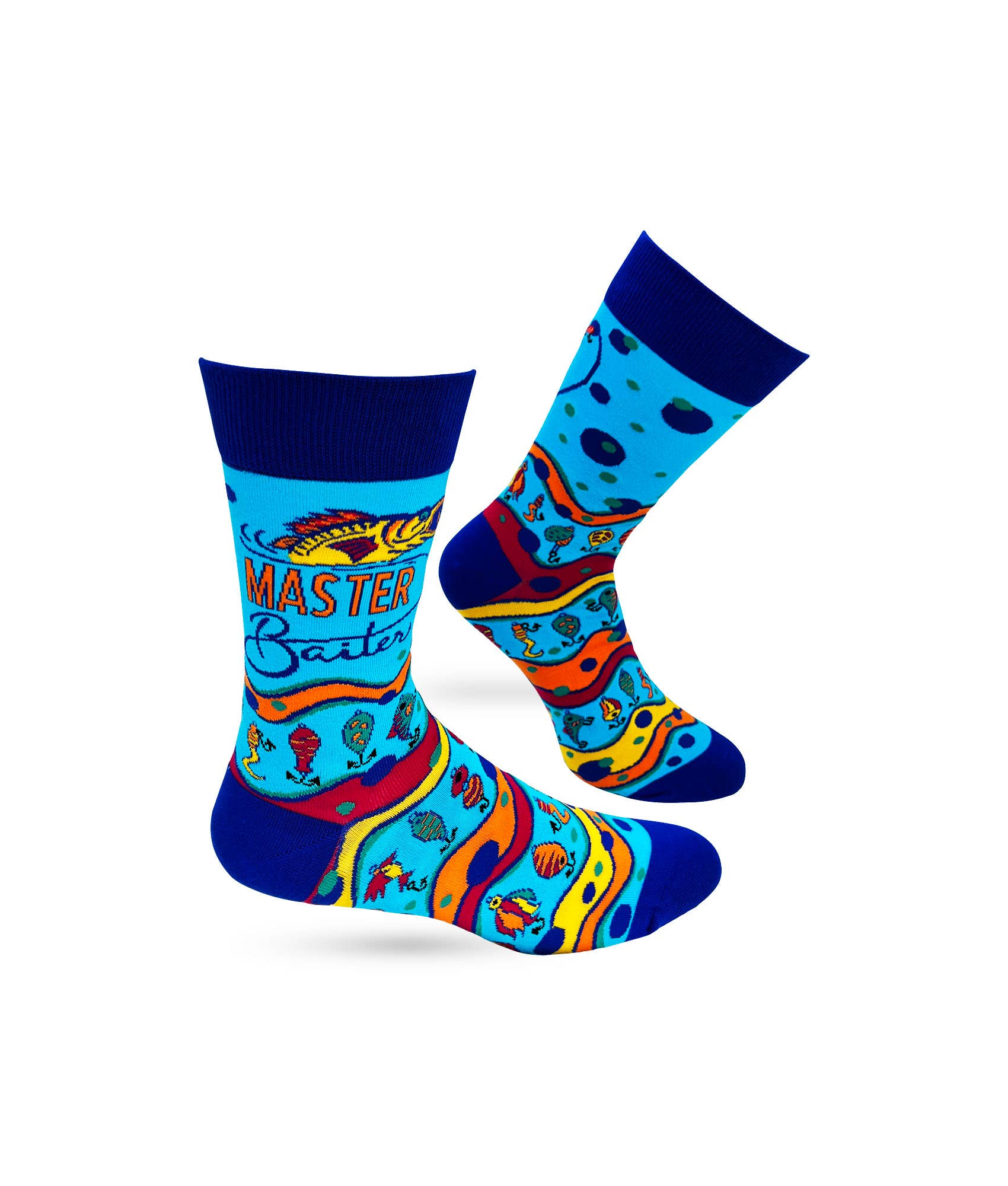 Colorful socks with text and patterns on a white background