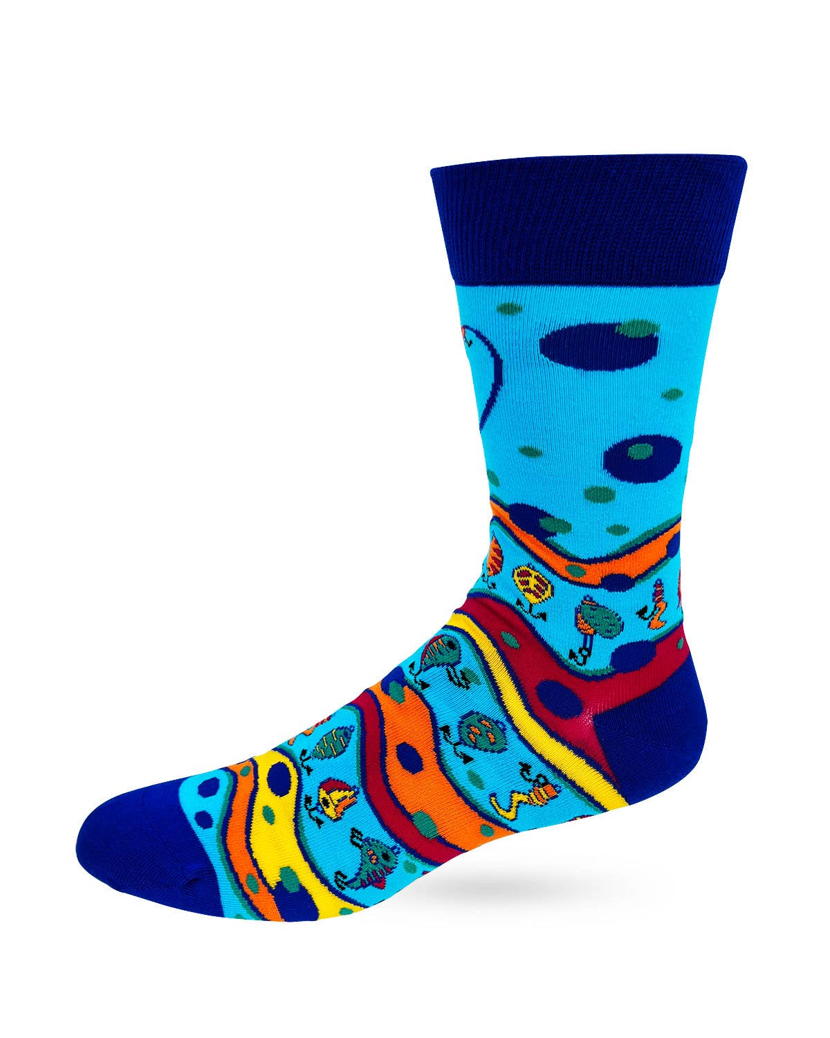 Colorful sock with abstract patterns on a white background