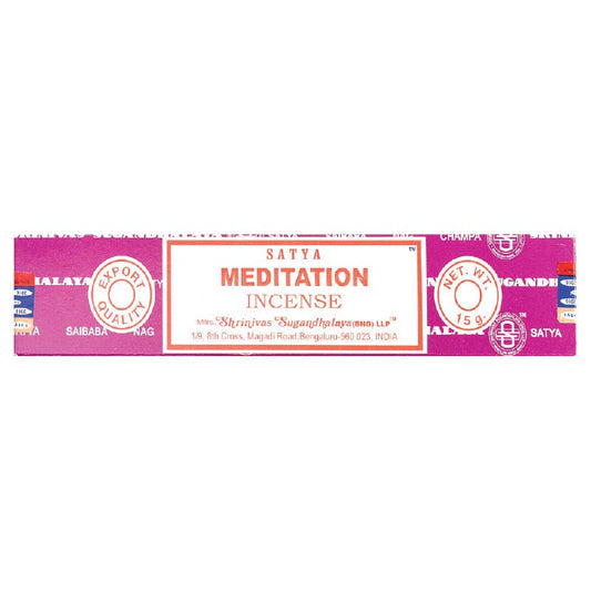 Satya Meditation incense packaging with pink and white design on a white background