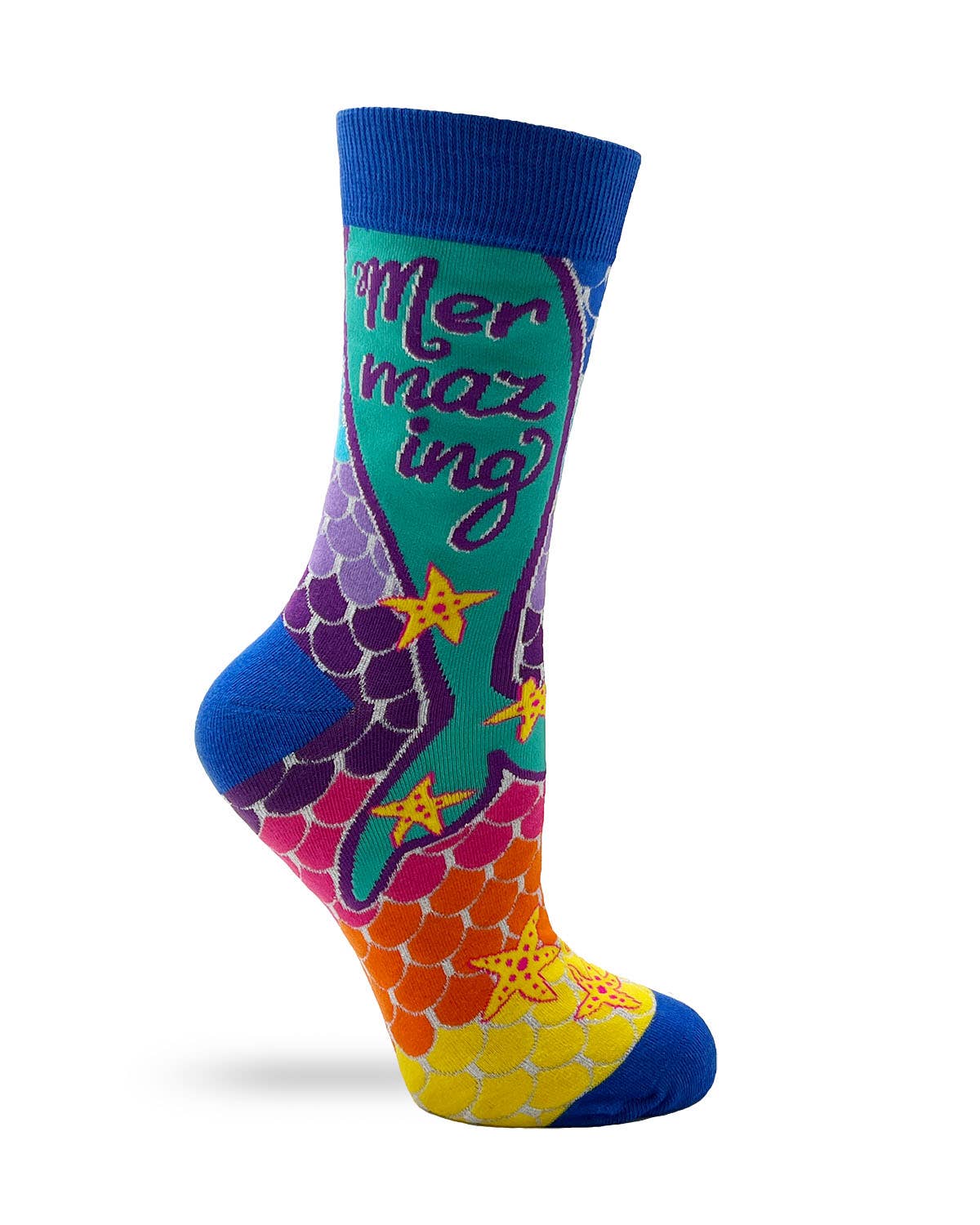 Colorful sock with mermaid design and 'Mer-mazing' text on a white background
