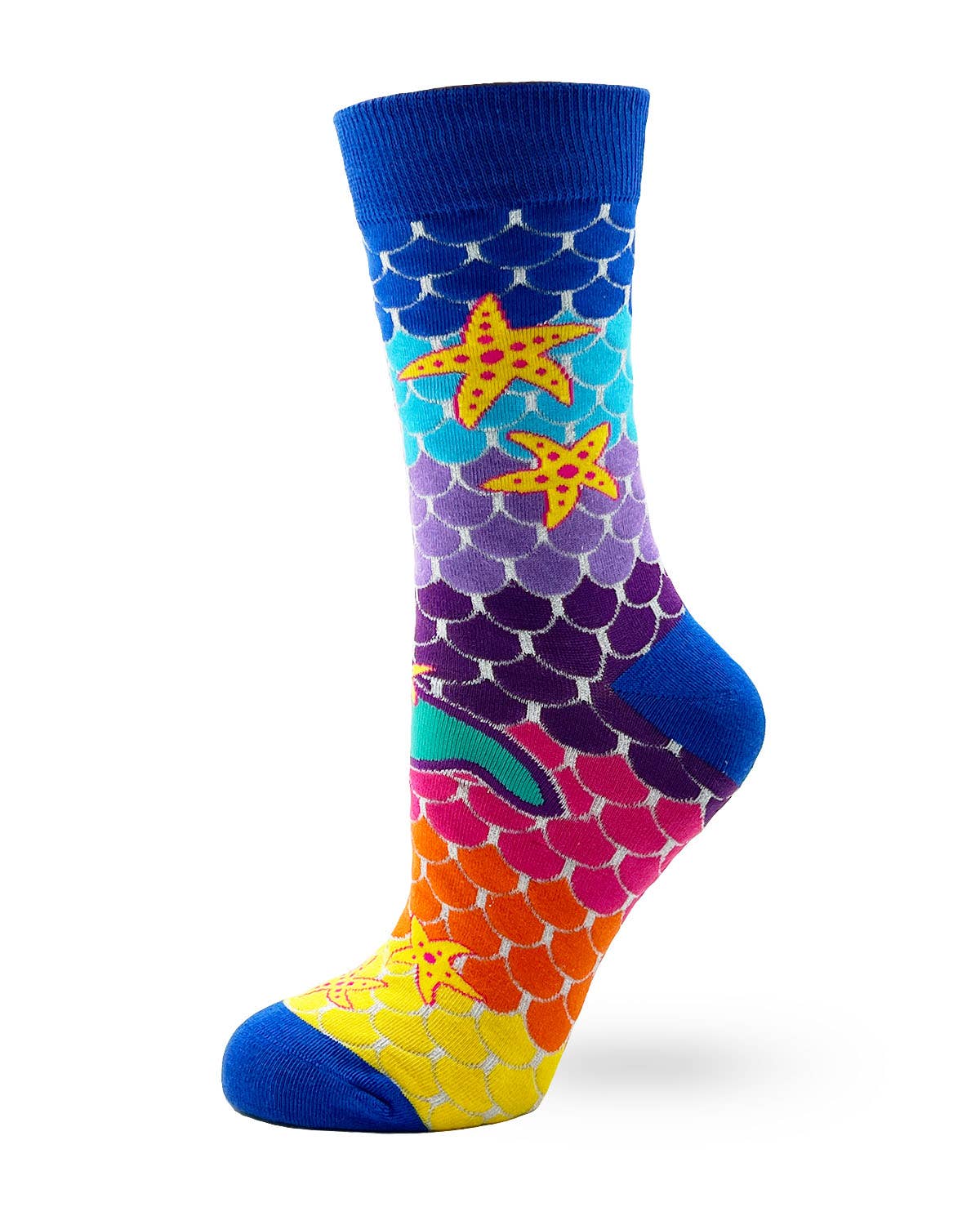 Colorful sock with mermaid scale pattern and starfish design on a white background