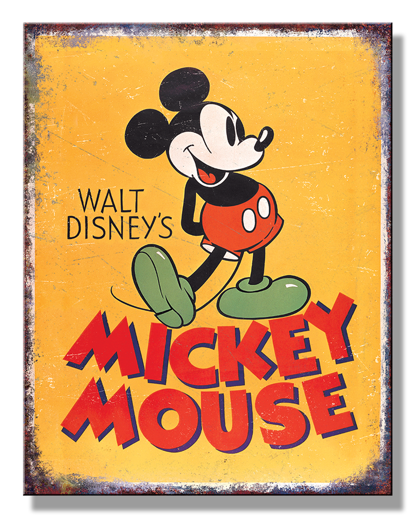 Vintage-style sign with Mickey Mouse and 'Walt Disney's Mickey Mouse' text on a yellow background.