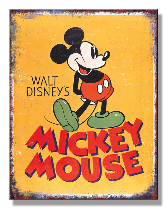 Vintage-style sign with Mickey Mouse and 'Walt Disney's Mickey Mouse' text on a yellow background.