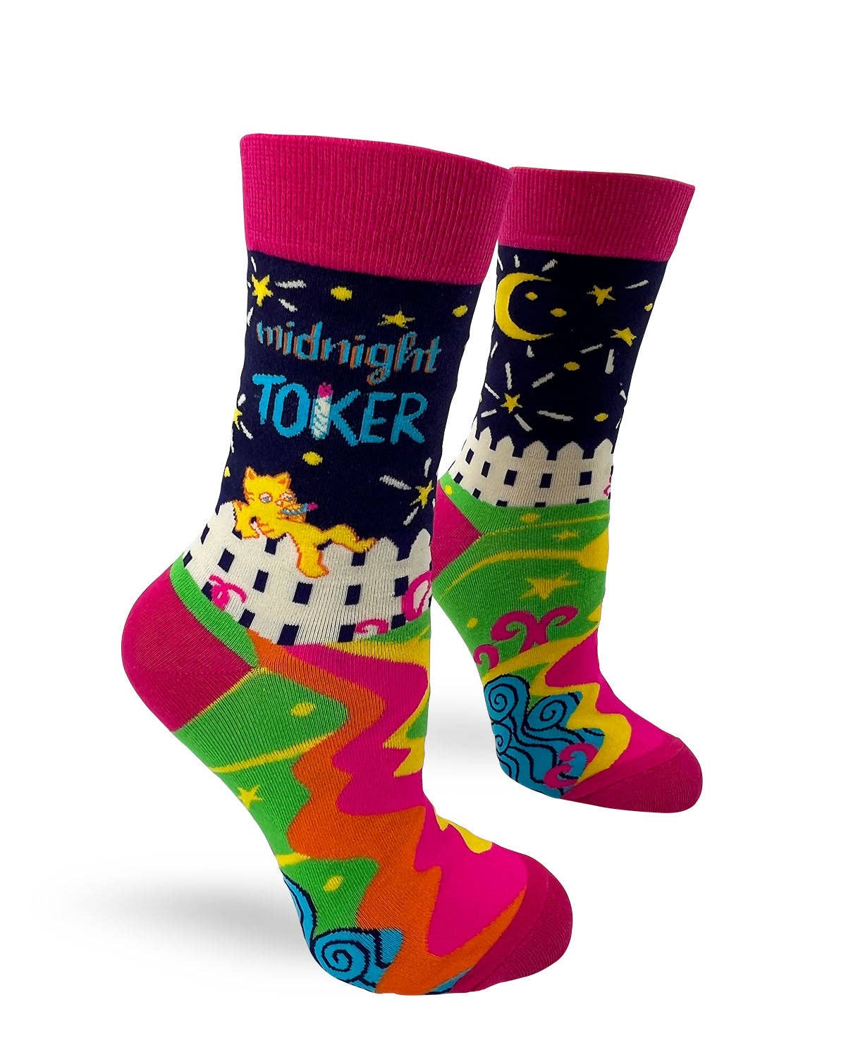 Colorful socks with abstract patterns and text on a white background