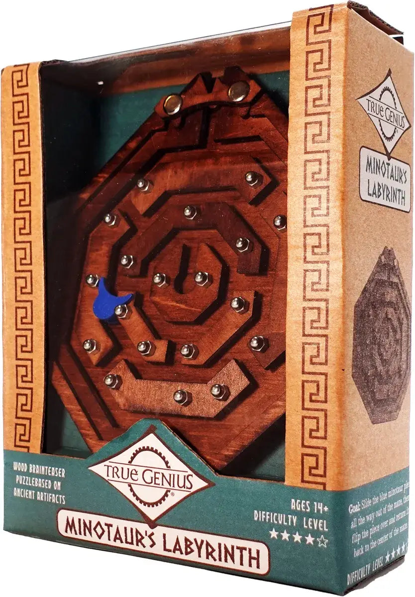 Wooden Minotaur's Labyrinth puzzle in packaging with brand logo.