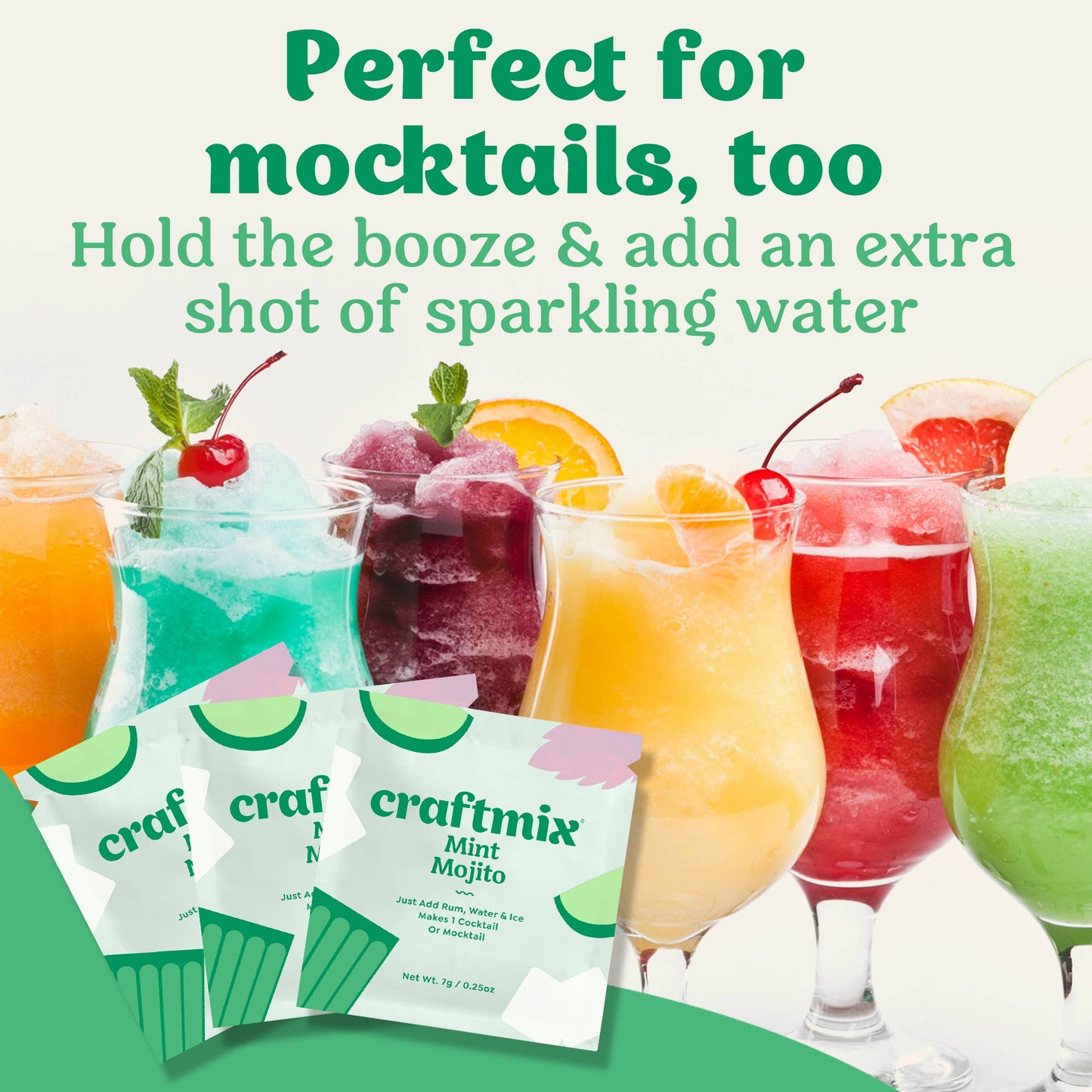 Craftmix mint mojito mix packets with colorful cocktails on a green background