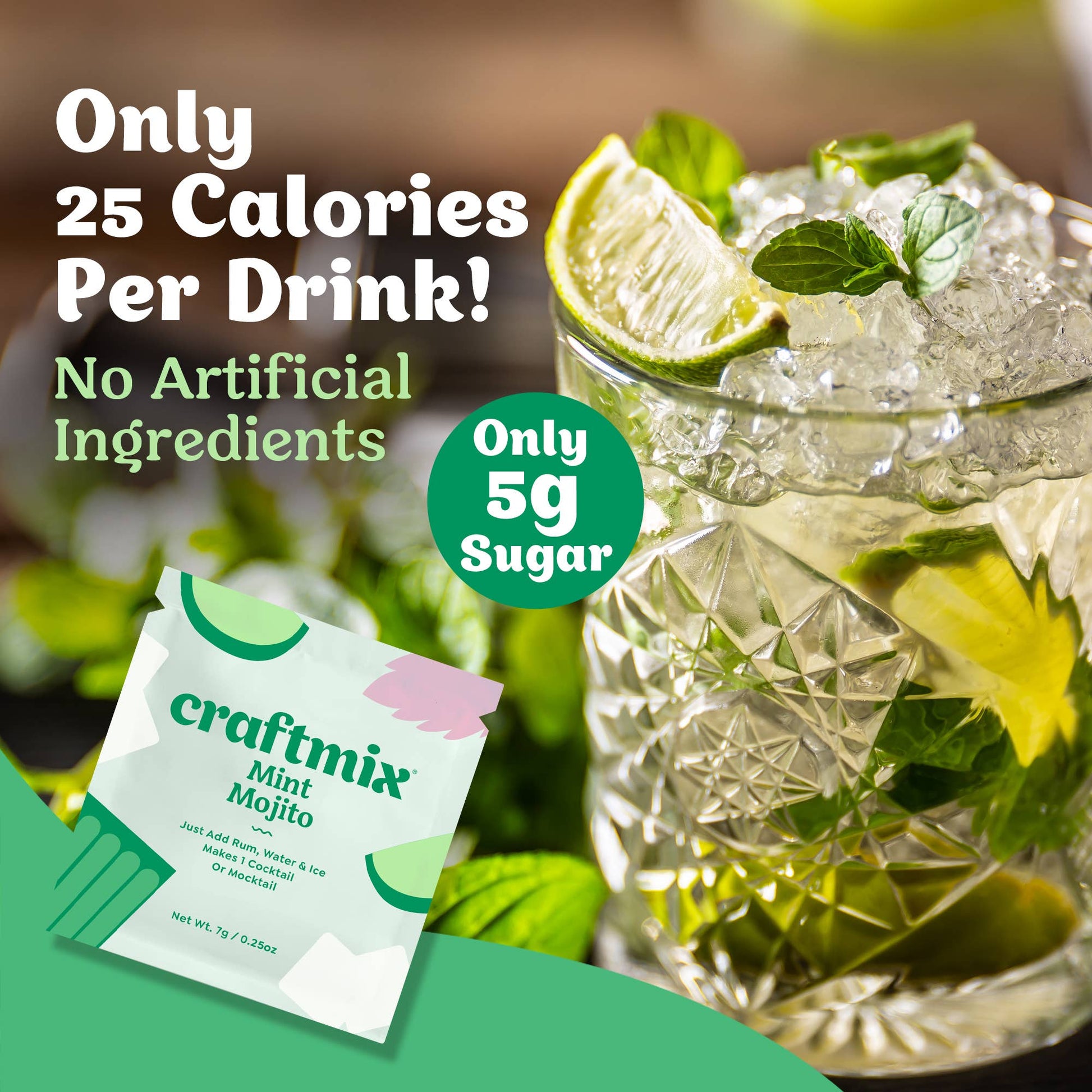 Glass of iced drink with lime and mint, craftmix Mint Mojito packet, and text about calories and sugar content.