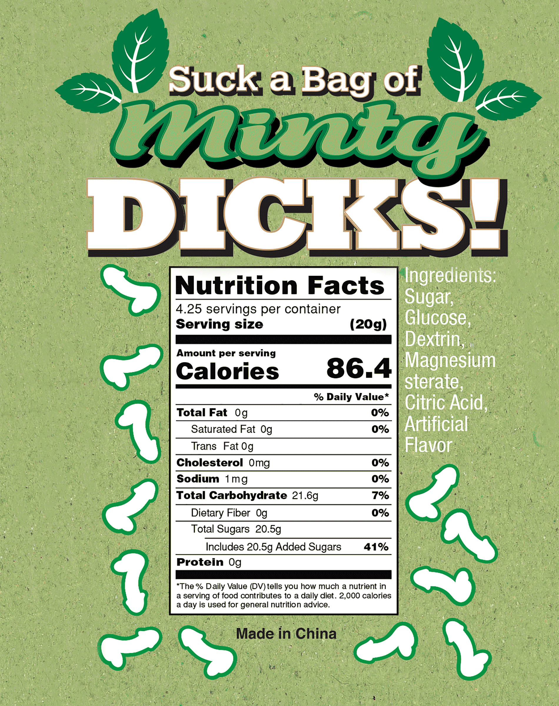Nutrition label for a product with humorous and inappropriate text on a green background.