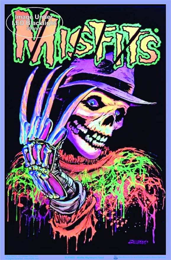 Blacklight poster of a skeleton hand holding a blacklight-reactive glove with 'Misfits' logo.