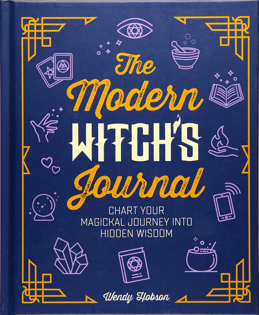 Book titled 'The Modern Witch's Journal' with magickal icons on a blue background
