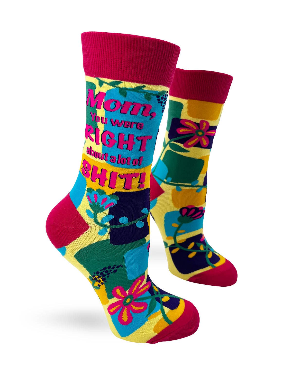 Colorful socks with text and patterns on a white background
