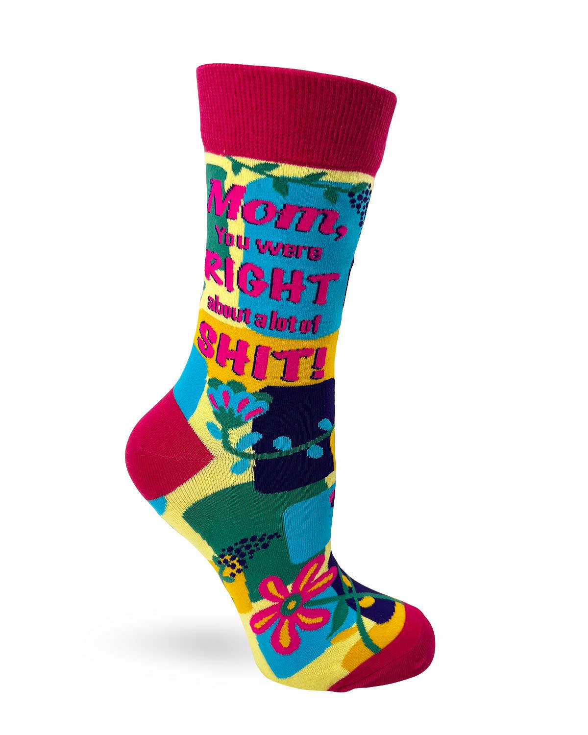 Colorful sock with text and patterns on a white background