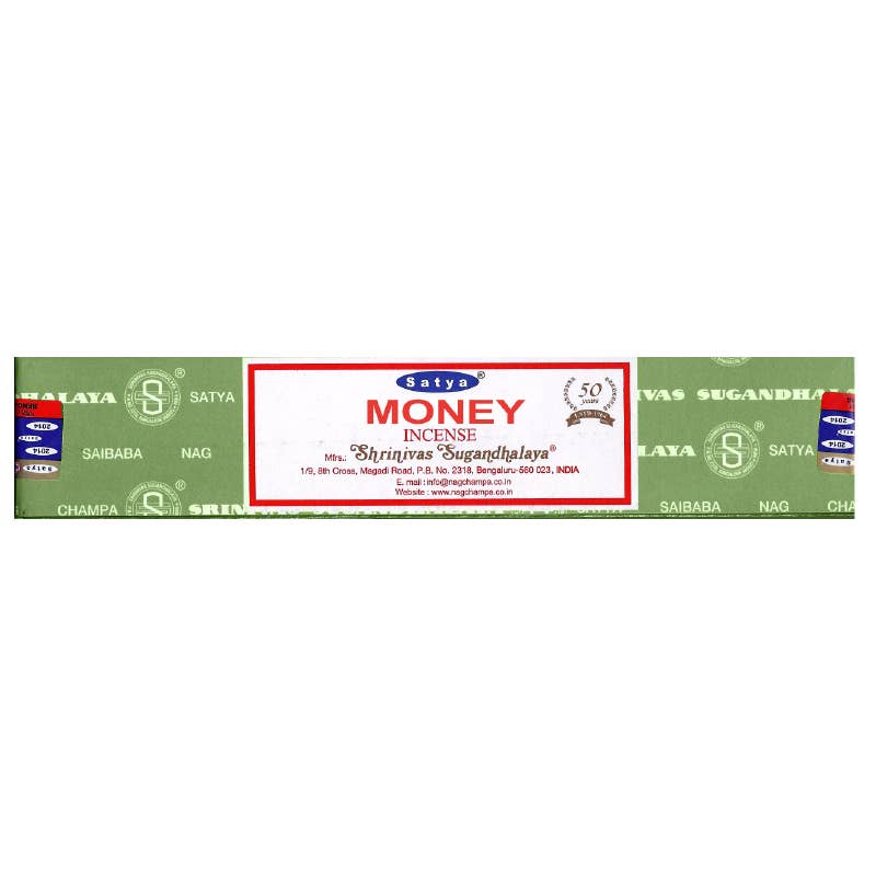 Satya Money incense stick packaging on a white background