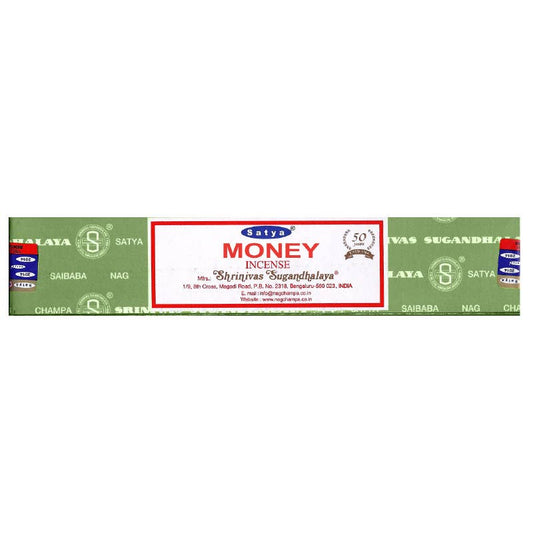 Satya Money incense stick packaging on a white background