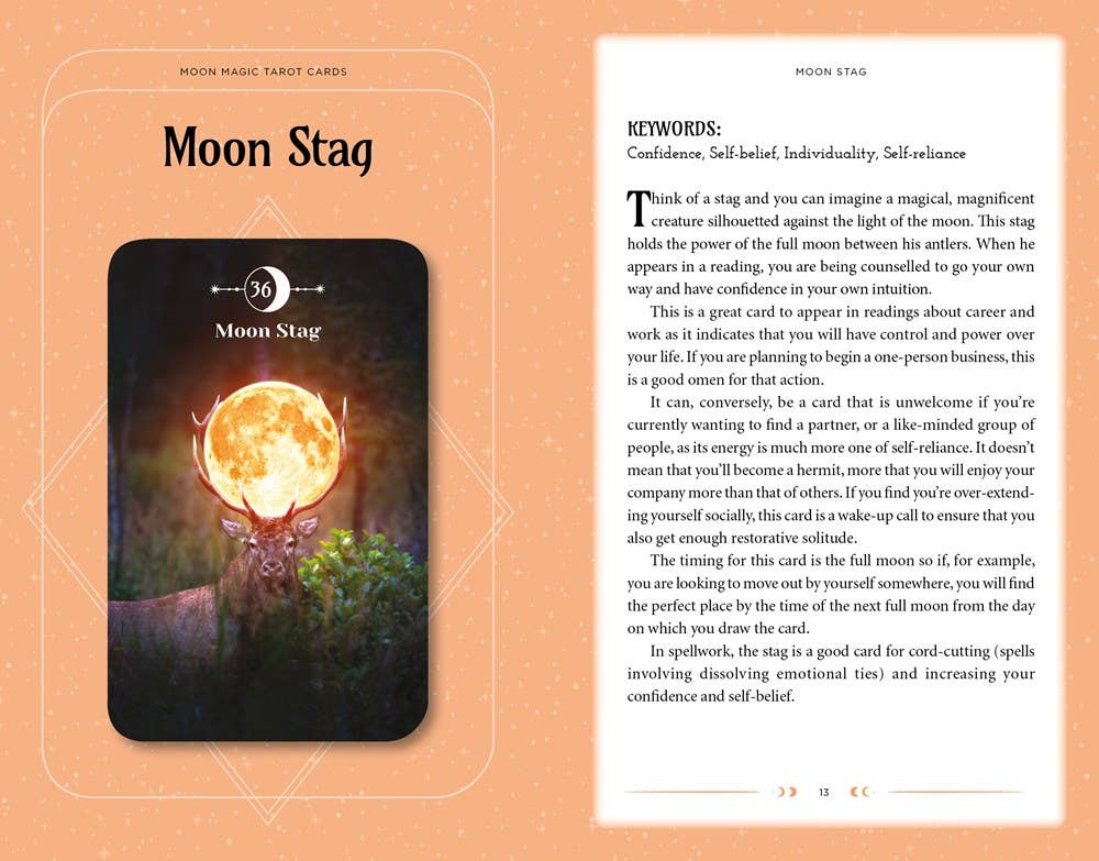 Moon Stag tarot card with descriptive text on an orange background