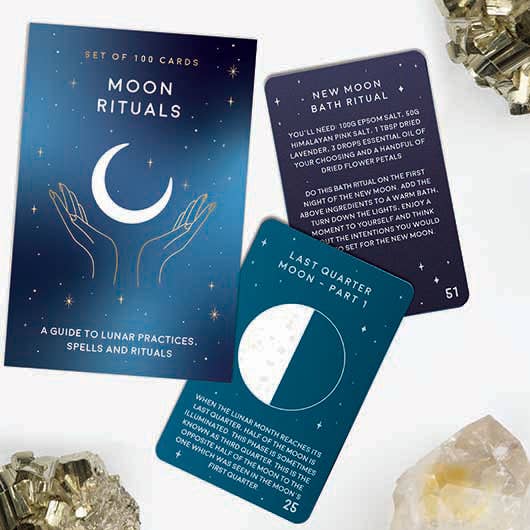 Moon rituals cards with celestial design on a white background