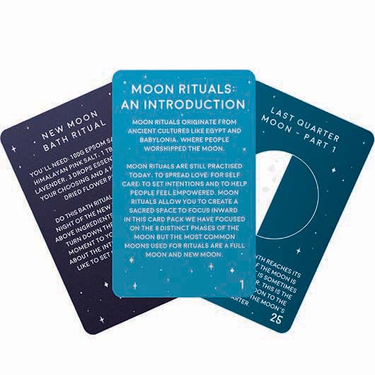 Three cards from a 'Moon Rituals' card set on a white background