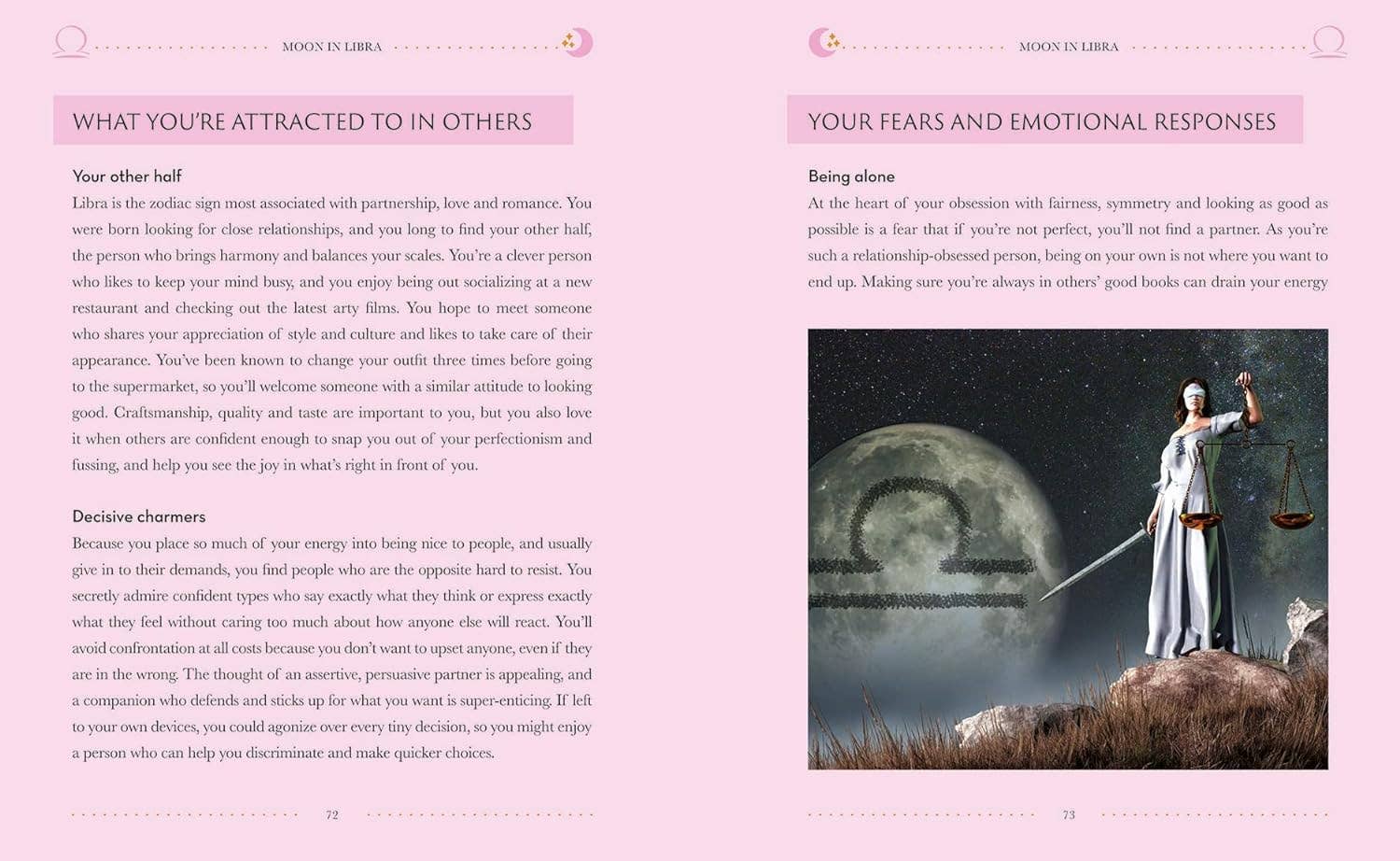 Book or magazine page with text and an illustration of a person with a sword on a pink background